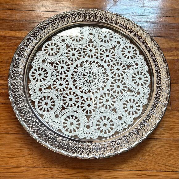 Vintage Silver Plated Tray with Glass Insert, 12.75” Doily Display Serving Piece - Picture 1 of 10